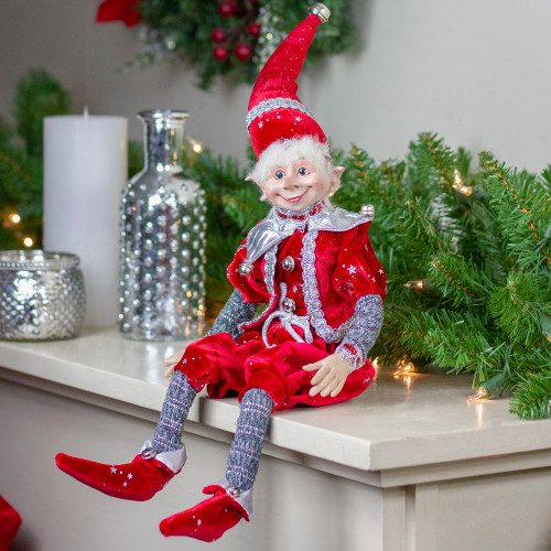 13" Silver and Red Velvet Stardust Elf with Jingle Bells