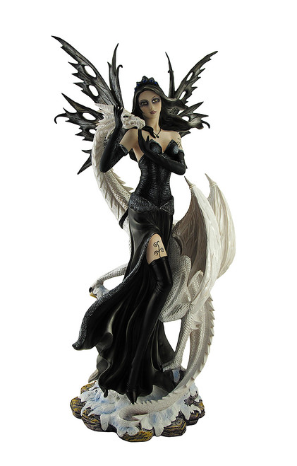 Yin and Yang Dark Fairy and Ice Dragon Statue 26 In.