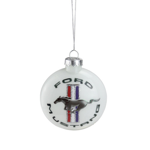 3.5" White Ford Mustang Logo Collectible Glass Christmas Disc Ornament