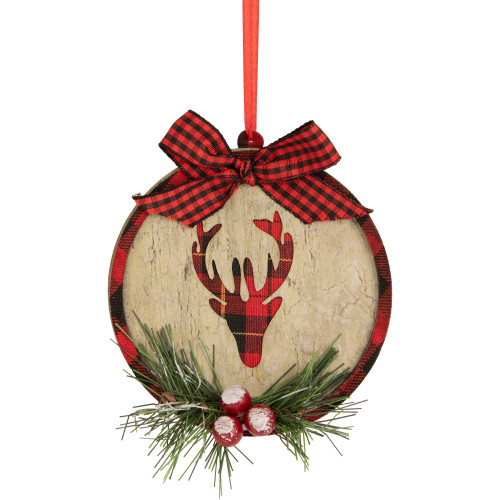 4" Red and Black Buffalo Plaid Reindeer Disc Christmas Ornament
