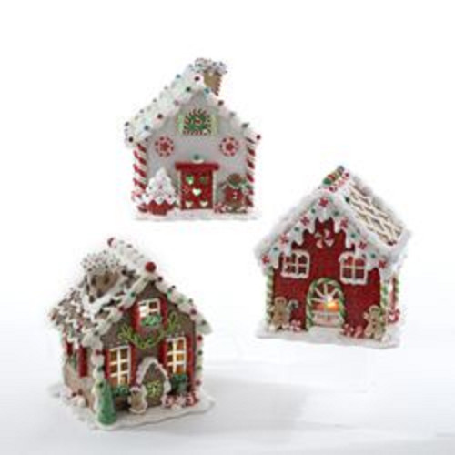Set of 3 White, Red, and Green LED Lighted Gingerbread House Tabletop Christmas Decorations 6"