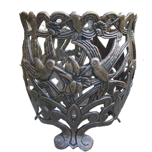 Hummingbird 12 Inch Round Flower Pot - Cast Aluminum