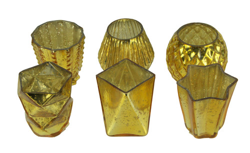 Metallic Mercury Glass Votive Candle Holders Set of 6 in Assorted Shapes - IHB-14146