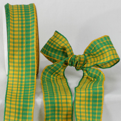 Green Yellow Cotton Farm Check Wired French Ribbon 1.6 inch by 22 yards