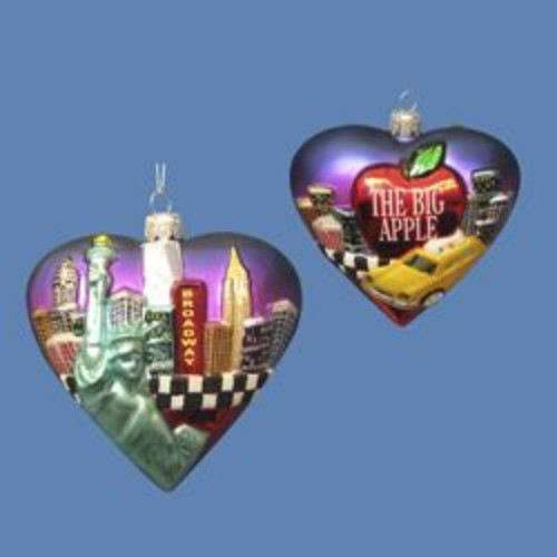 Pack of 6 Glass New York City "The Big Apple" Heart-Shaped Christmas Ornaments 3.75"