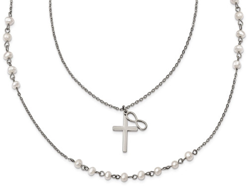 Chisel Stainless Steel W/ Fwc Pearls Double Strand Infinity Cross Necklace