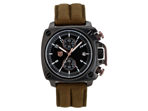 Andrew Marc Mens Heritage Cargo Black Case with Brown Strap Chronograph Watch in Stainless Steel