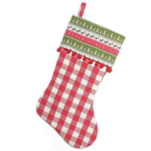 19" Red and Green Rustic Plaid Christmas Stocking with Red Pom-Poms and Lodge Cuff