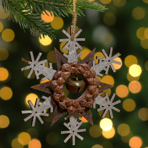 Six Glittering White Snowflake German Wooden Ornaments