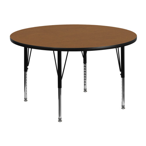 48" Round Oak Brown Thermal Laminate Activity Table with Height Adjustable Short Legs