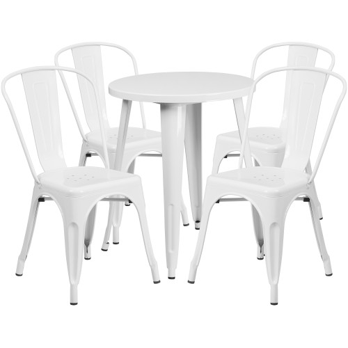 Set of 5 White Metal Indoor-Outdoor Round Table and Chair Set 33”