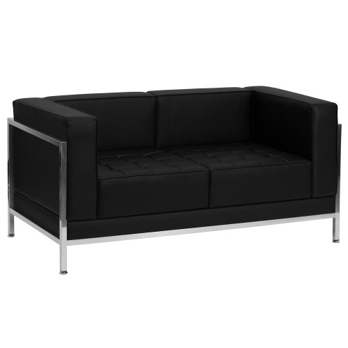 57" Imagination Series Black Leather Loveseat with Encasing Frame