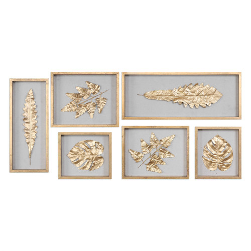 Set of 6 Golden Leaves Shadow Box Wall Decor 28"