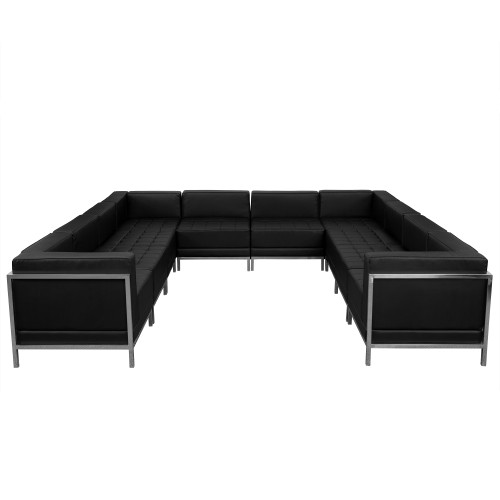 Set of 10 Black Leather U- shape Reception Configuration Chair with Tufted Seat, 113”
