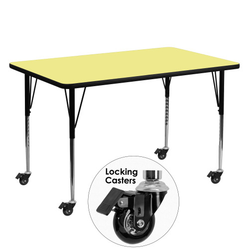 60" Rectangular Yellow Activity Table with Standard Height Adjustable Legs and Locking Casters