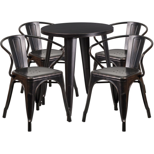 Set of 5 Black and Antique Gold Round Metal Indoor-Outdoor Table with Arm Chairs 29"