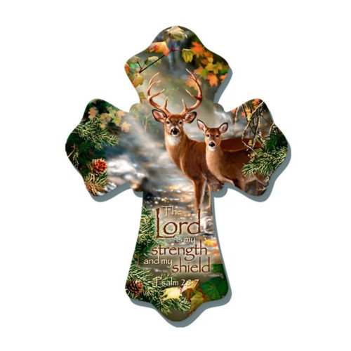 8" Brown and Green Biblical Quoted Deer Wall Cross