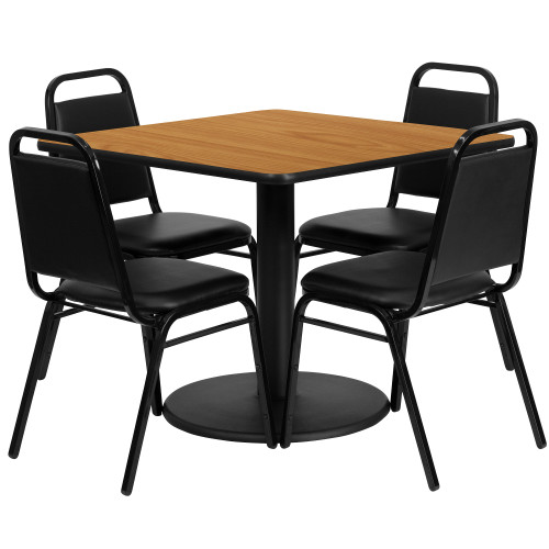 5-Piece Black and Brown Square Laminate Table with Trapezoidal Back Banquet Chairs 36''