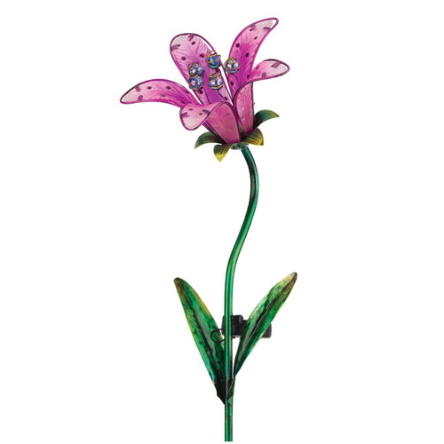 Pink Tiger Lily Flower Solar Powered Garden Stake 9 x 7.25 x 33 Inches