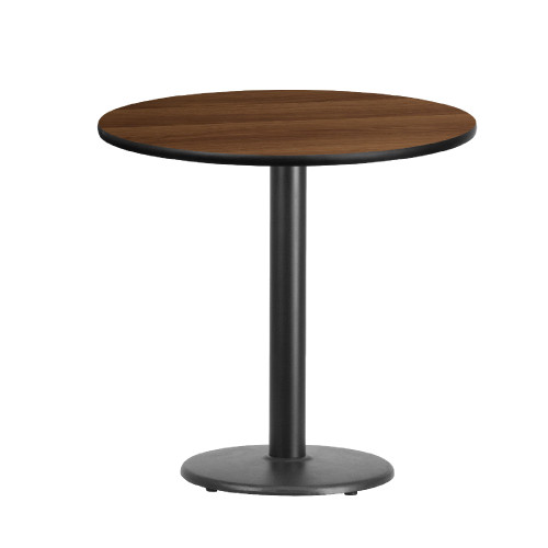 31" Brown and Silver Elegant Walnut Laminate Round Table Top with Round Table Base