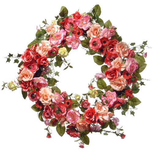 Mixed Rose Artificial Floral Wreath, Red 32-Inch