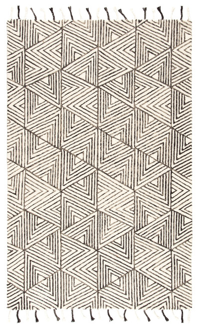 8' x  10' Ivory and Black Geometric Handmade Rectangular Wool Area Rug
