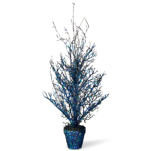 26” Potted Black Halloween Tree – Blue and silver glitter sequins