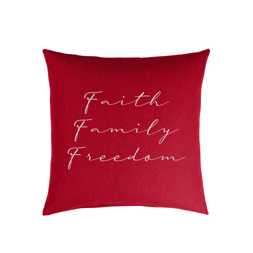 18-Inch Red and White Single Cursive Embroidered "Faith Family Freedom" Square Lumbar Pillow