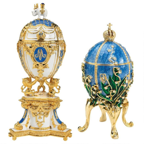 Set of 2 Blue Valentine and Galina Enameled Easter Eggs 9.5"