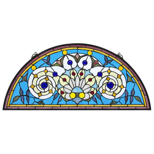 32" Blue and Yellow Tiffany Callidora Demi Lune Stained Glass Window