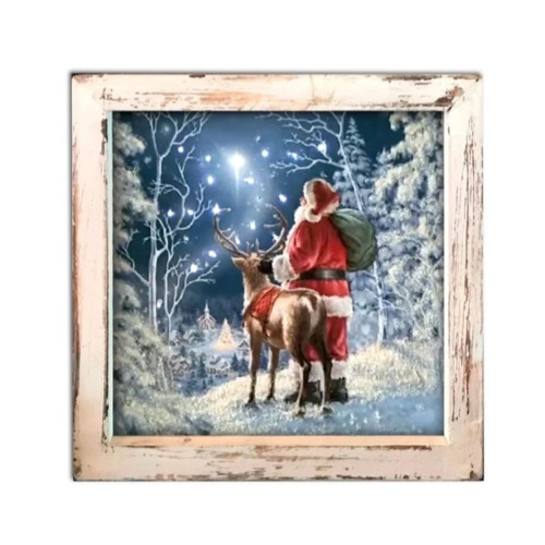 8" White and Blue Lighted Starry Night Santa Christmas Square Shadow Box Decoration