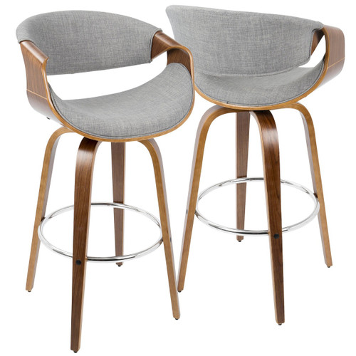 Set of 2 Walnut and Gray Faux Leather Swivel Indoor Comfortable Bar Stools 40.25"