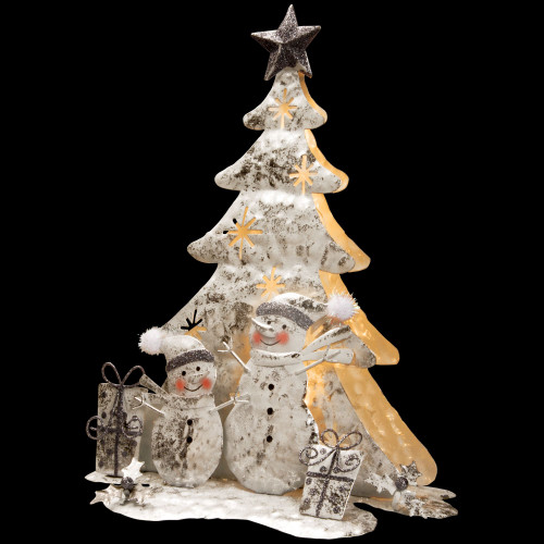 16.5" Pre-Lit White and Black Glittering Lighted Tree Snowmen Scene Indoor Christmas Decor