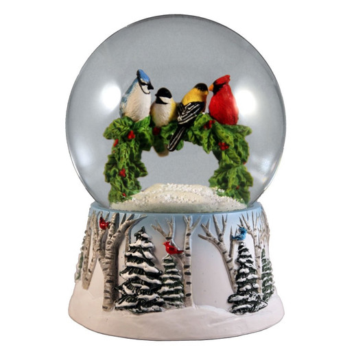 5" Winter Birds on a Holly Wreath Musical Snow Globe - 33473404