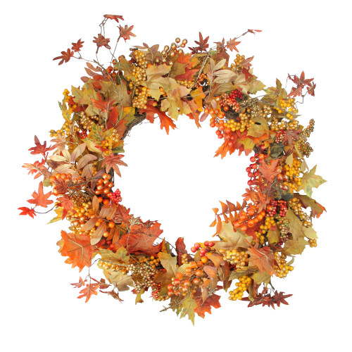 Orange Berries and Leaves Twig Artificial Wreath - 32-Inch, Unlit