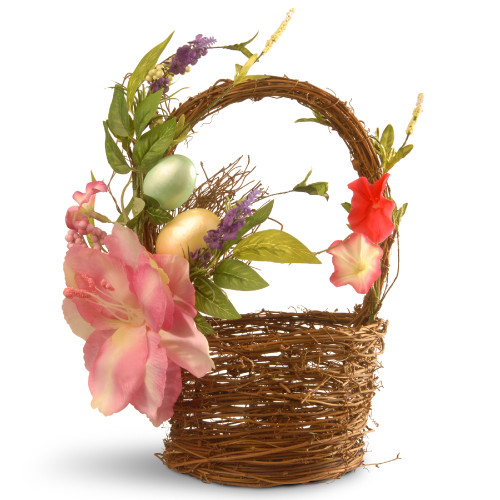 12" Easter Eggs Handcrafted Vine Basket with Artificial Flowers