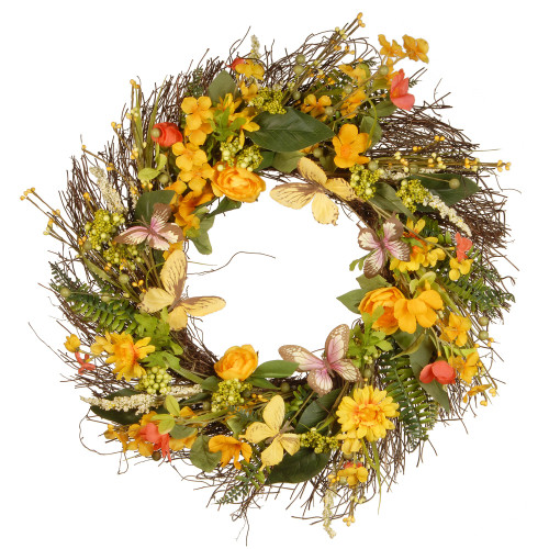 Bristle Twigs Spring Floral Wreath, Green and Yellow 24-Inch - 34246652