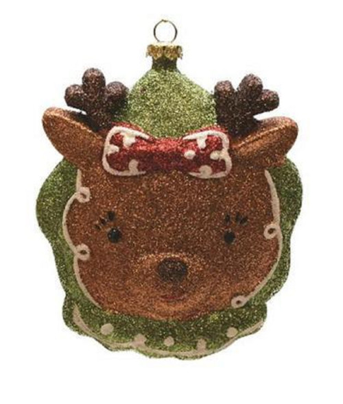 4.5" Brown and Green Glittered Shatterproof Reindeer Head Christmas Ornament
