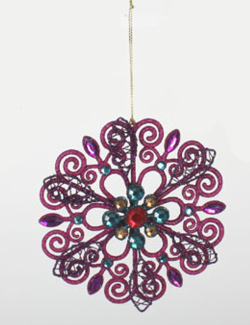 5" Fuchsia Pink and Purple Glittered Snowflake with Gems Christmas Ornament