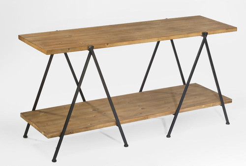 60.75" Brown and Black Two-Tier Plank Display Table