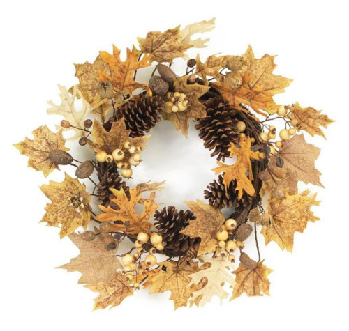 Brown and Yellow Pine Cones and Leaves Artificial Harvest Wreath - 24-Inch, Unlit