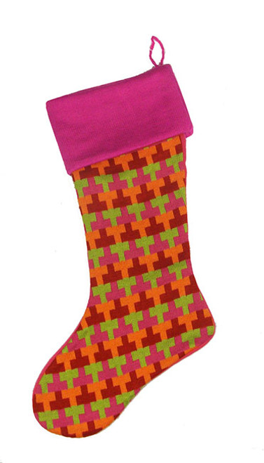 18.5" Pink and Green Knitted T Patterned Christmas Stocking