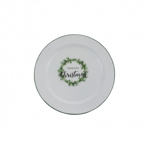 11" White and Green Farmhouse Christmas Round Plate - Medium