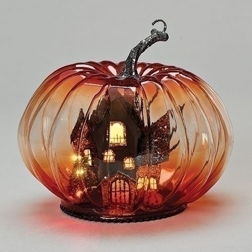 8” LED Lighted House on Glass Pumpkin – Battery Operated