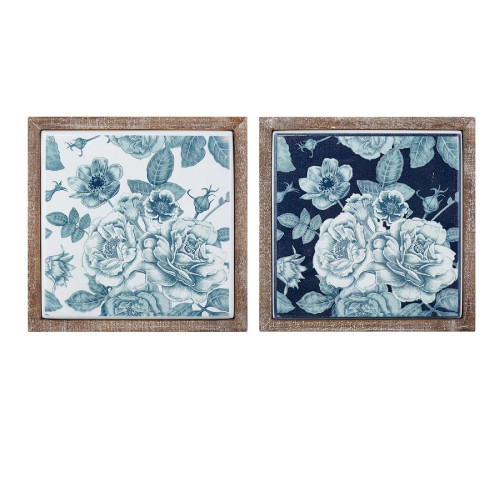 Set of 2 Distressed Finish Blue and White Floral Framed Tile Wall Decor 16" - 33407795