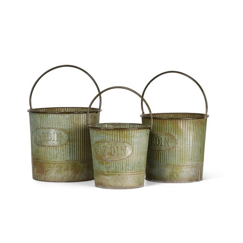 Set of 3 Green Rusted Camilla Galvanized Buckets with Handle 13”