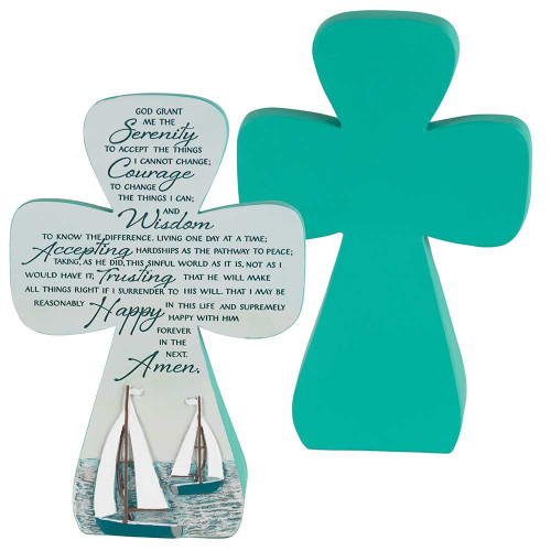 The Serenity Poem Green and White Tabletop Resin Cross With Sailboat Detail 6" x 4"