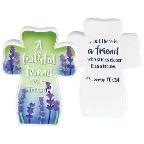 A Faithful Friend Proverbs 18:24 White and Green Tabletop Resin Cross 3" x 2"