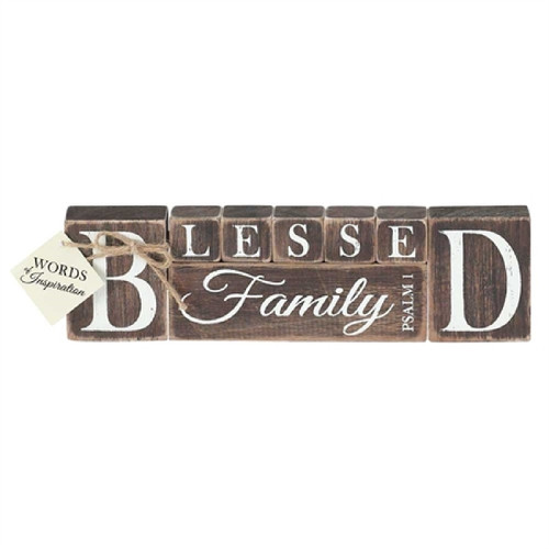 9.75”  Brown Rustic ‘Blessed Family Psalm 1” Religious 8-Piece Tabletop Blocks