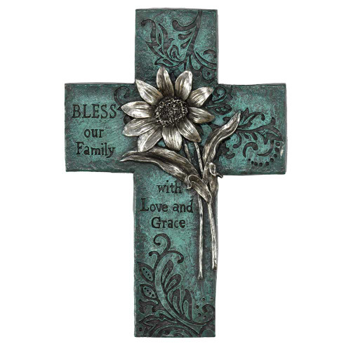 10" Turquoise Blue and Black Floral Religious Wall Cross